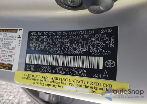 2009 Toyota Corolla Le z USA, uszkodzony, nr VIN JTDBL40E799092865